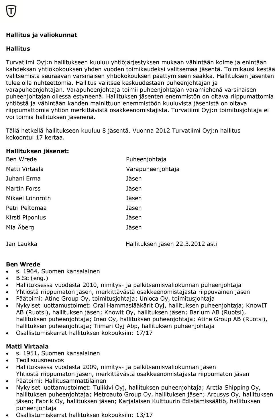 Hallitus valitsee keskuudestaan puheenjohtajan ja varapuheenjohtajan. Varapuheenjohtaja toimii puheenjohtajan varamiehenä varsinaisen puheenjohtajan ollessa estyneenä.