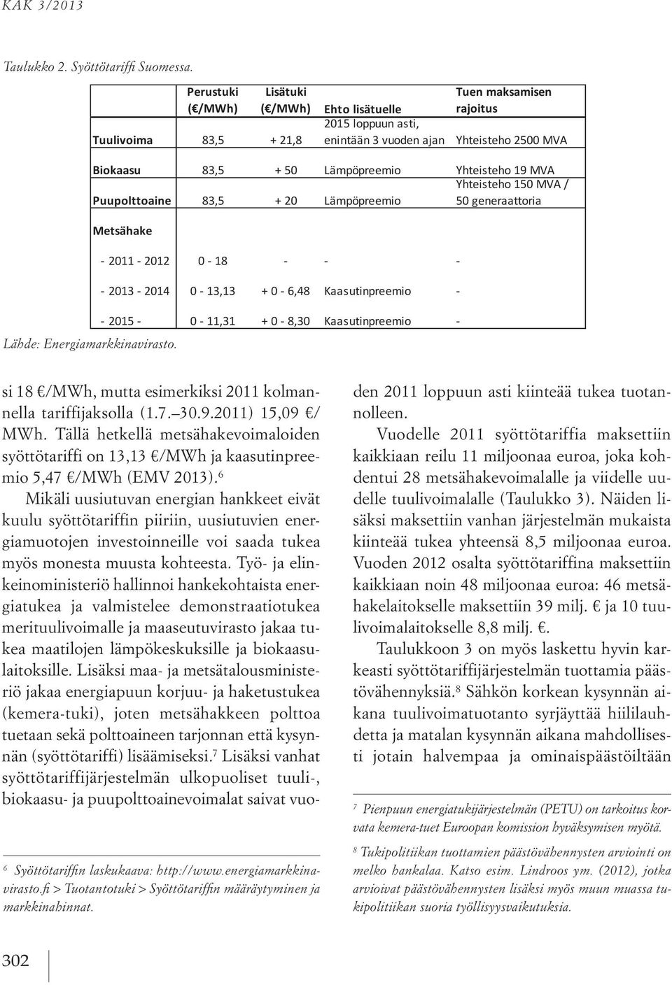 *** 7,5 % - 15 % asennetusta kapasiteetista riippuen. Lähde: RES LEGAL (2012). Taulukko 2. Syöttötariffi Suomessa 