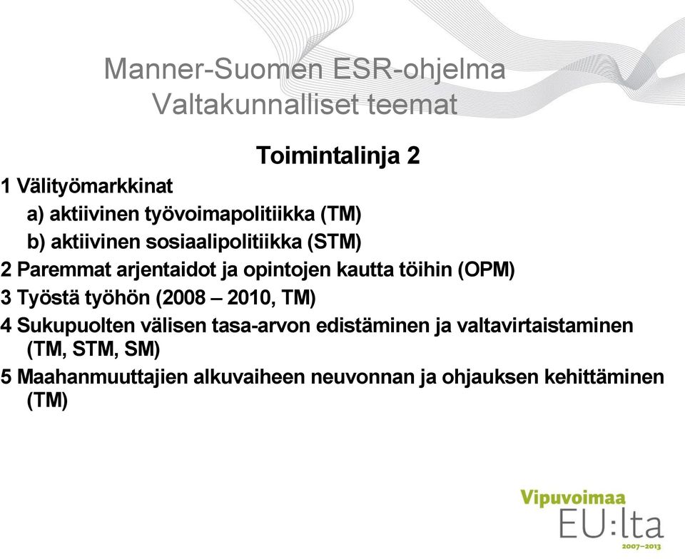 (OPM) 3 Työstä työhön (2008 2010, TM) 4 Sukupuolten välisen tasa-arvon edistäminen ja
