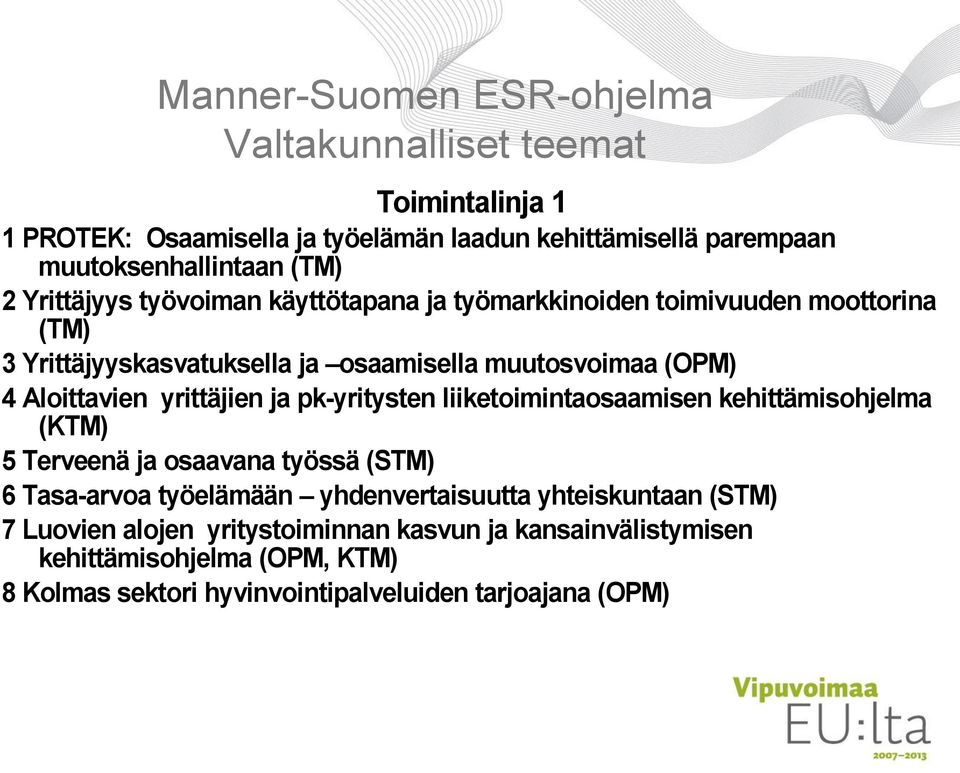 yrittäjien ja pk-yritysten liiketoimintaosaamisen kehittämisohjelma (KTM) 5 Terveenä ja osaavana työssä (STM) 6 Tasa-arvoa työelämään yhdenvertaisuutta