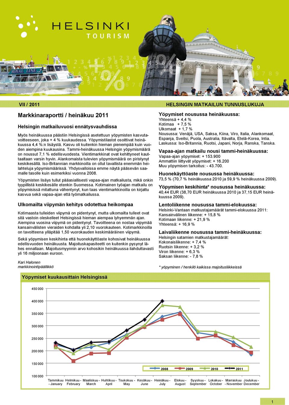 Tammi-heinäkuussa Helsingin yöpymismäärä on noussut 7,1 % edellisvuodesta. Vientimarkkinat ovat kehittyneet kauttaaltaan varsin hyvin. Alankomaista tulevien yöpymismäärä on piristynyt keskikesällä.