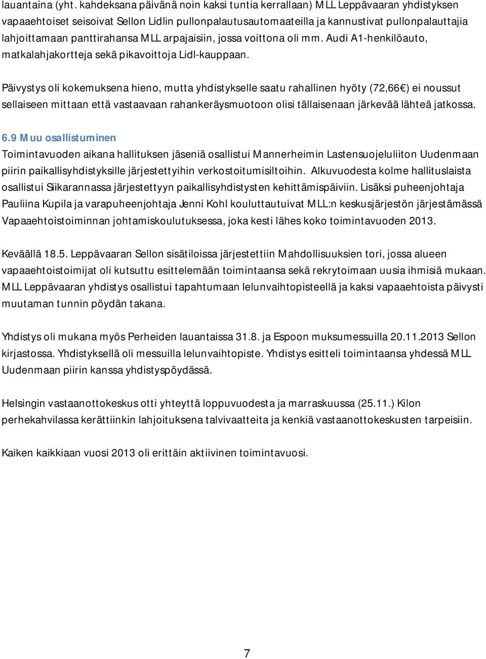 panttirahansa MLL arpajaisiin, jossa voittona oli mm. Audi A1-henkilöauto, matkalahjakortteja sekä pikavoittoja Lidl-kauppaan.