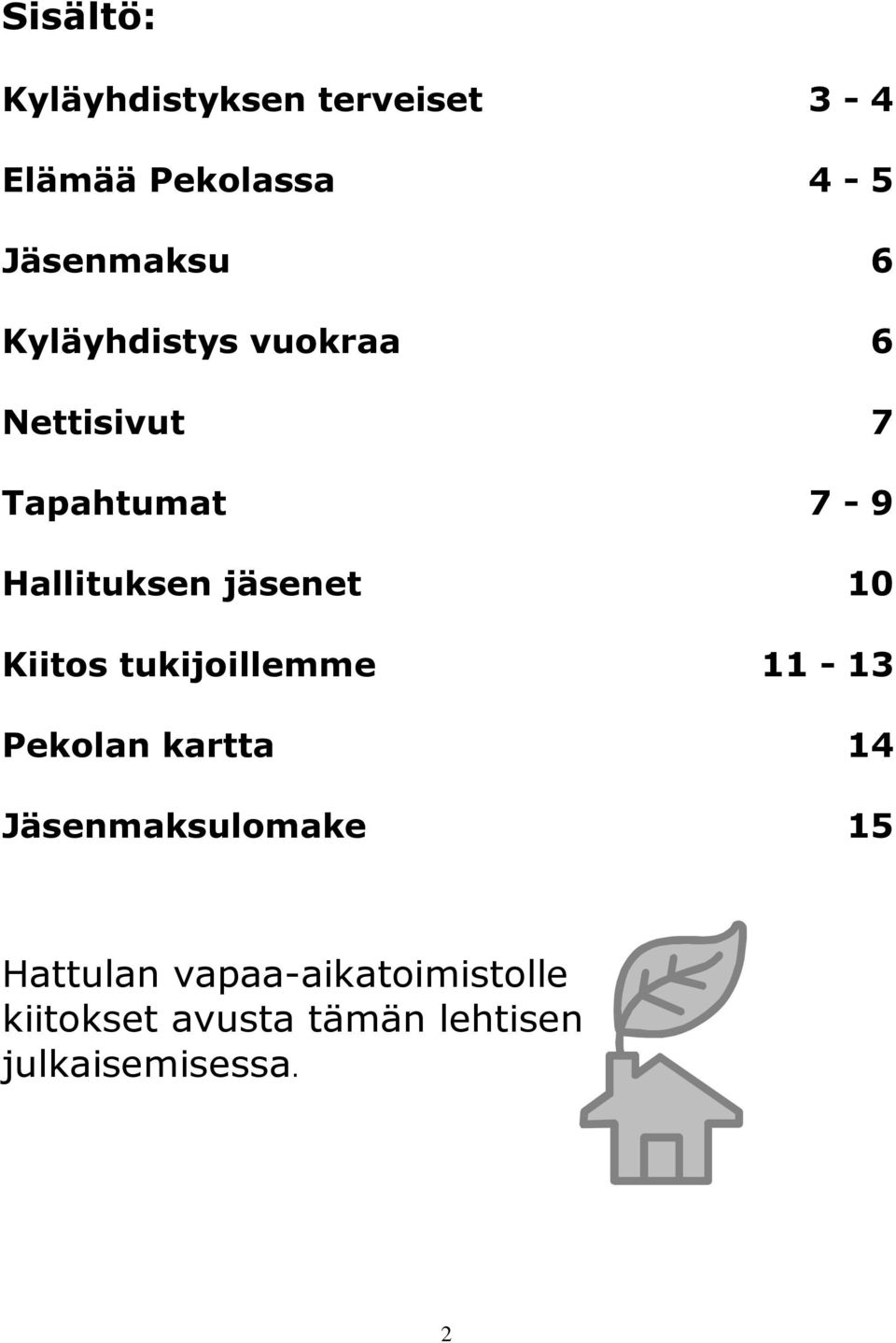 Kiitos tukijoillemme 11-13 Pekolan kartta 14 Jäsenmaksulomake 15 Hattulan