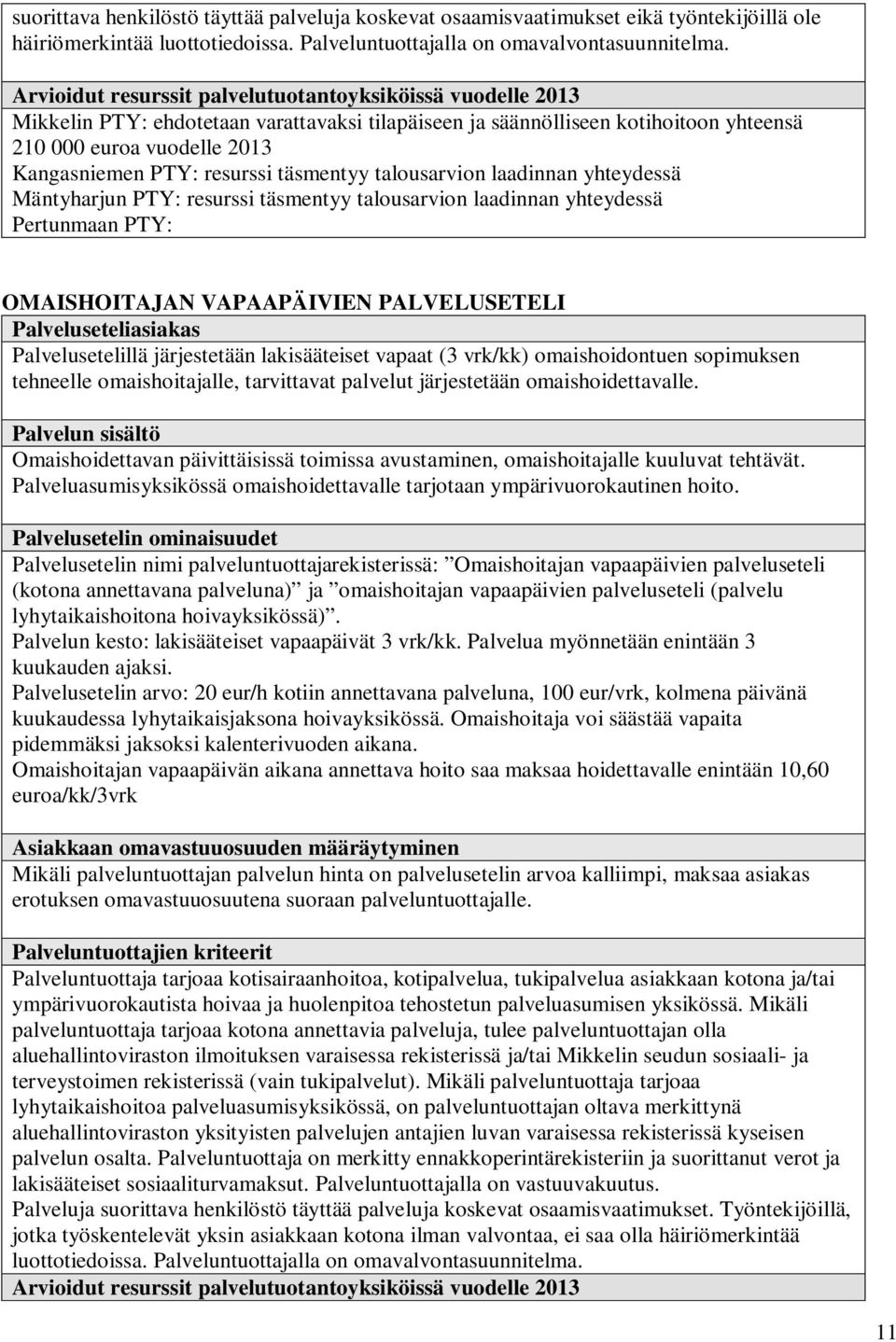 resurssi täsmentyy talousarvion laadinnan yhteydessä Mäntyharjun PTY: resurssi täsmentyy talousarvion laadinnan yhteydessä Pertunmaan PTY: OMAISHOITAJAN VAPAAPÄIVIEN PALVELUSETELI