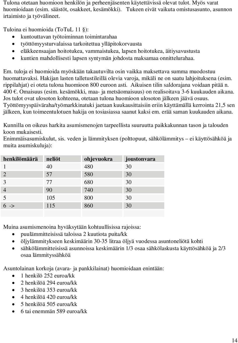 Tuloina ei huomioida (ToTuL 11 ): kuntouttavan työtoiminnan toimintarahaa työttömyysturvalaissa tarkoitettua ylläpitokorvausta eläkkeensaajan hoitotukea, vammaistukea, lapsen hoitotukea,