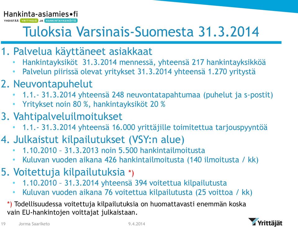 000 yrittäjille toimitettua tarjouspyyntöä 4. Julkaistut kilpailutukset (VSY:n alue) 1.10.2010 31.3.2013 noin 5.