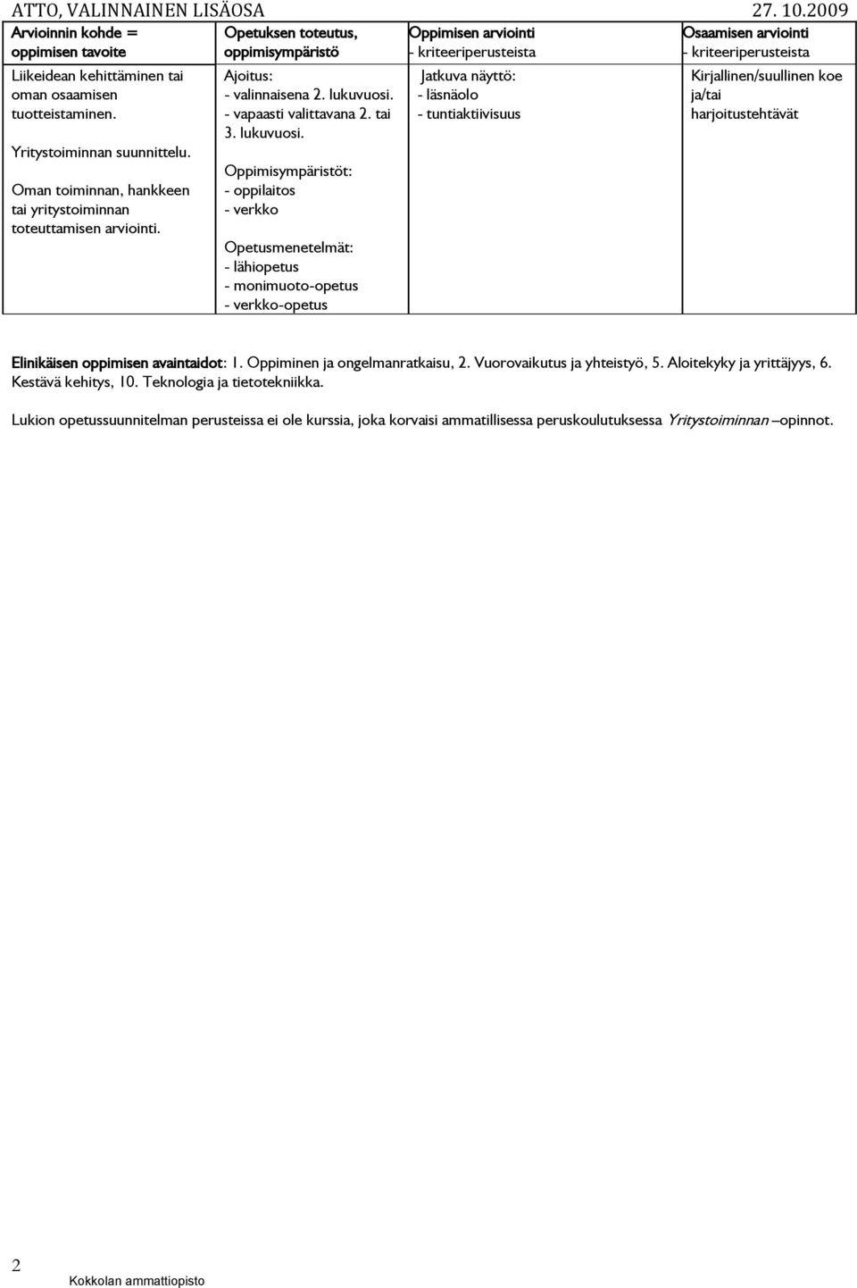 - vapaasti valittavana 2. tai 3. lukuvuosi.