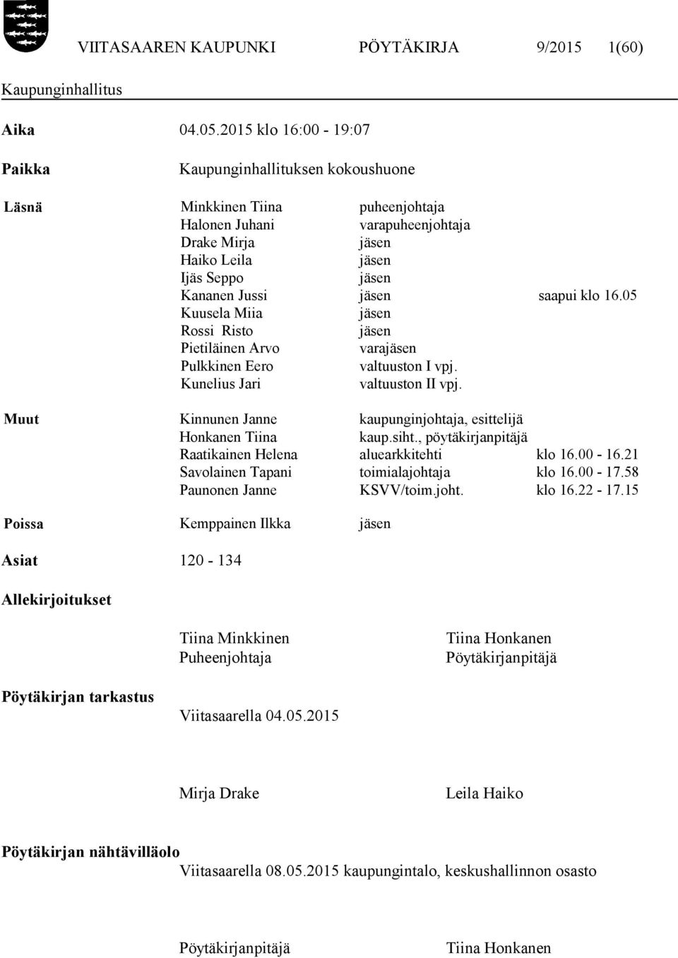 jäsen saapui klo 16.05 Kuusela Miia jäsen Rossi Risto jäsen Pietiläinen Arvo varajäsen Pulkkinen Eero valtuuston I vpj. Kunelius Jari valtuuston II vpj.