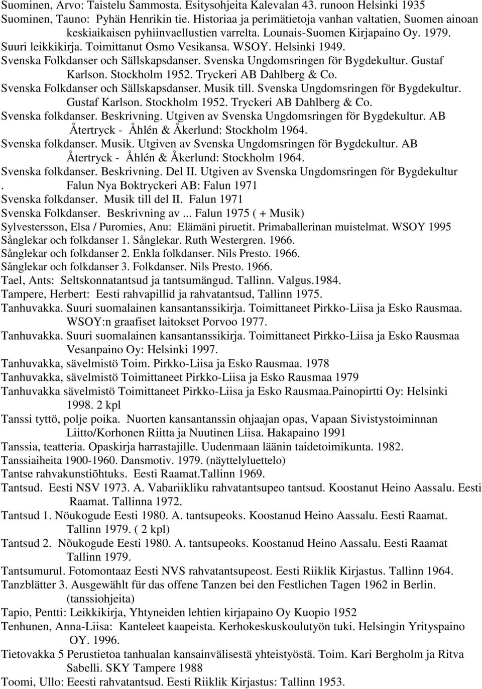 Helsinki 1949. Svenska Folkdanser och Sällskapsdanser. Svenska Ungdomsringen för Bygdekultur. Gustaf Karlson. Stockholm 1952. Tryckeri AB Dahlberg & Co. Svenska Folkdanser och Sällskapsdanser. Musik till.