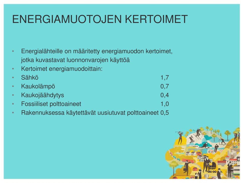 Kertoimet energiamuodoittain: Sähkö 1,7 Kaukolämpö 0,7 Kaukojäähdytys