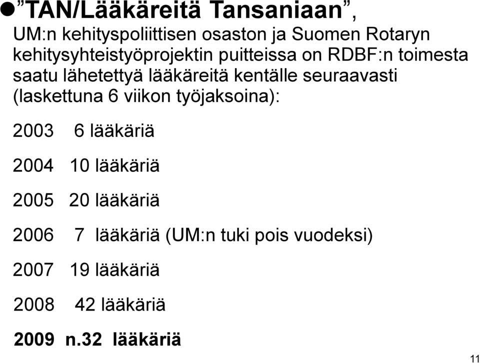 kentälle seuraavasti (laskettuna 6 viikon työjaksoina): 2003 6 lääkäriä 2004 10 lääkäriä