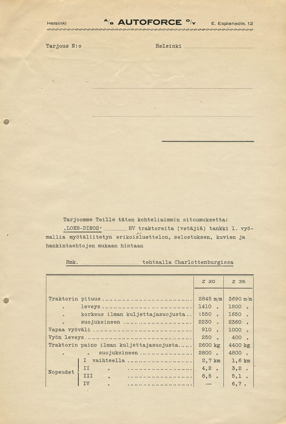 vyömallia myötäliitetyn erikoisluettelon, selostuksen, kuvien ja hankintaehtojen mukaan hintaan Rmk.