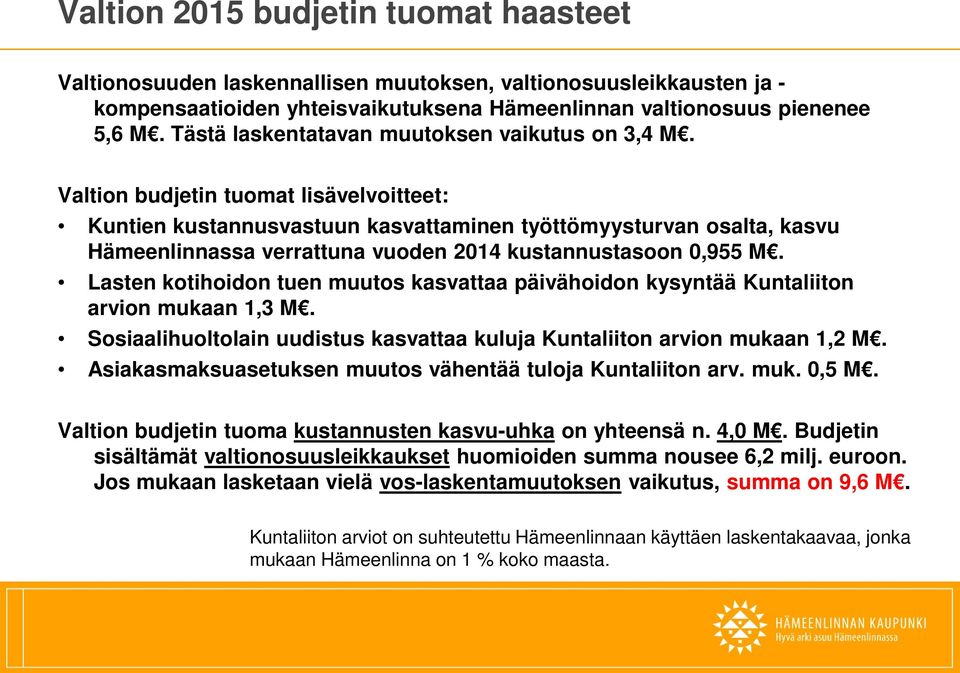 Valtion budjetin tuomat lisävelvoitteet: Kuntien kustannusvastuun kasvattaminen työttömyysturvan osalta, kasvu Hämeenlinnassa verrattuna vuoden 2014 kustannustasoon 0,955 M.