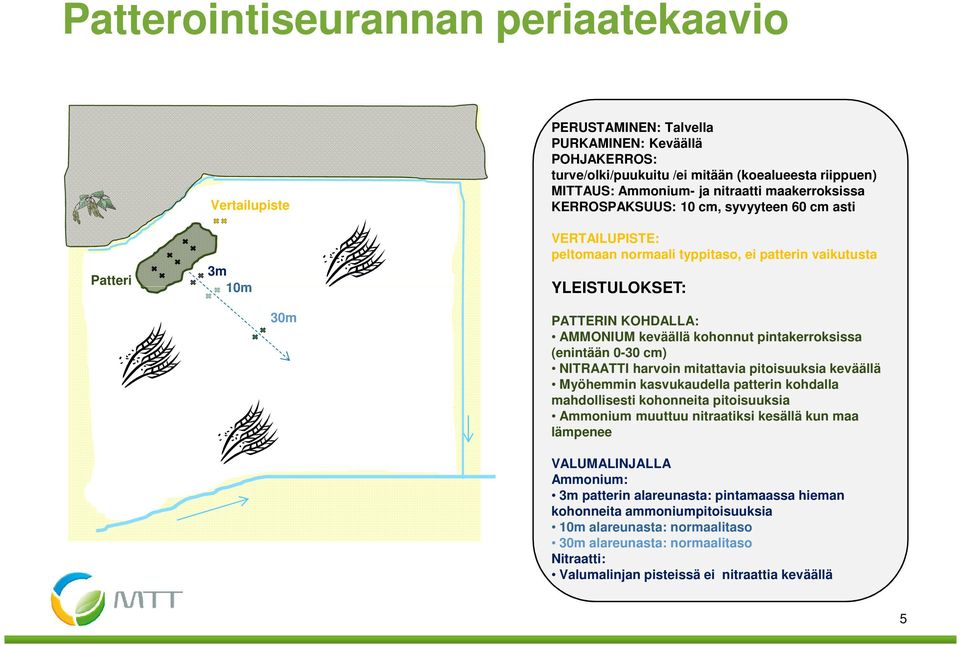 pintakerroksissa (enintään - cm) NITRAATTI harvoin mitattavia pitoisuuksia keväällä Myöhemmin kasvukaudella patterin kohdalla mahdollisesti kohonneita pitoisuuksia Ammonium muuttuu nitraatiksi