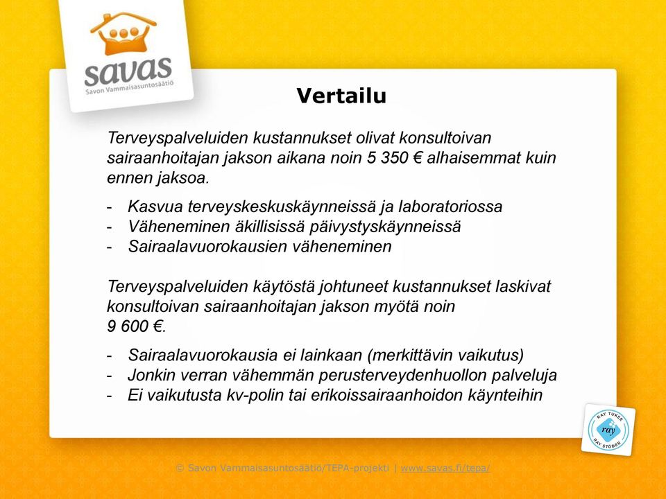 käytöstä johtuneet kustannukset laskivat konsultoivan sairaanhoitajan jakson myötä noin 9 600.