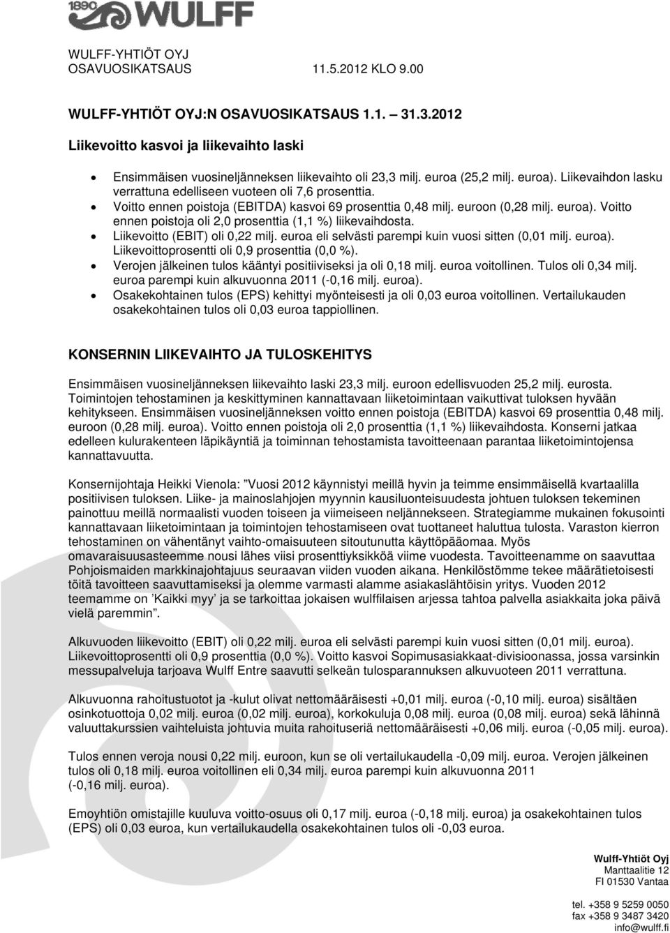 Liikevoitto (EBIT) oli 0,22 milj. euroa eli selvästi parempi kuin vuosi sitten (0,01 milj. euroa). Liikevoittoprosentti oli 0,9 prosenttia (0,0 %).