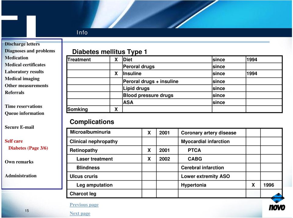 ASA since Secure E-mail Complications Microalbuminuria X 2001 Coronary artery disease Self care Diabetes (Page 3/6) Clinical nephropathy Retinopathy X 2001 Myocardial infarction PTCA