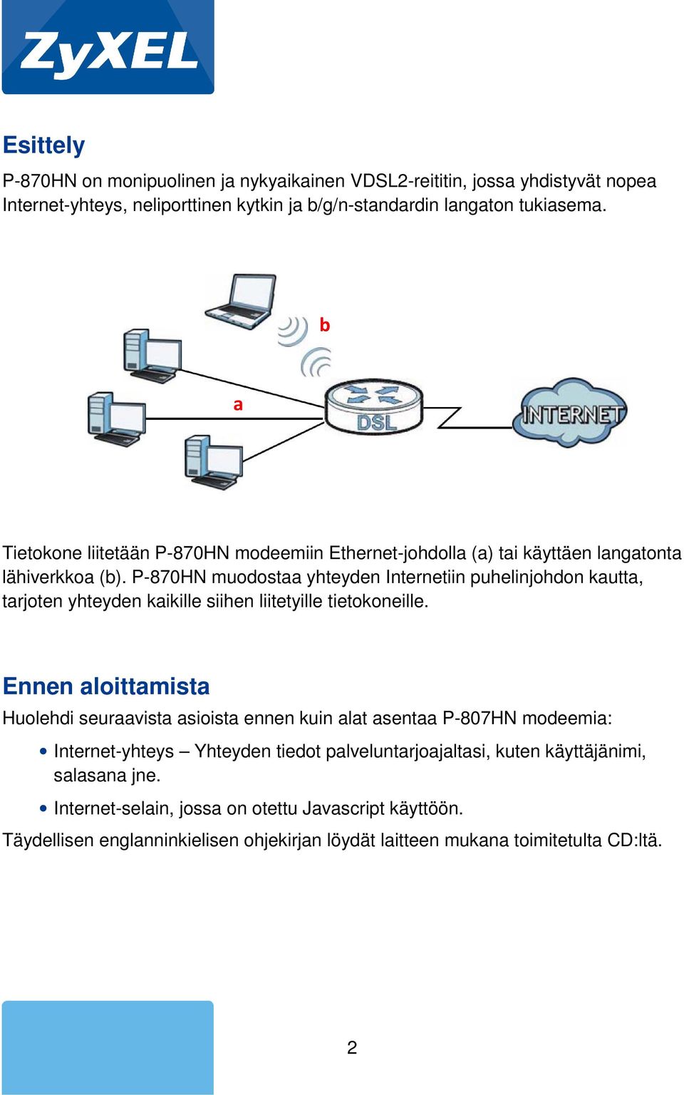 P-870HN muodostaa yhteyden Internetiin puhelinjohdon kautta, tarjoten yhteyden kaikille siihen liitetyille tietokoneille.