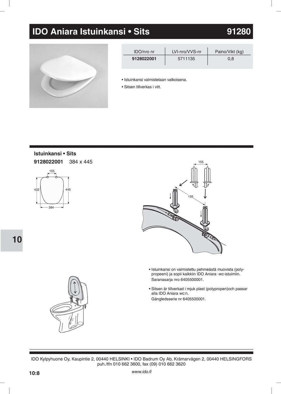 kaikkiin IDO Aniara -wc-istuimiin Saranasarja nro 6405500001 Sitsen är tillverkad i mjuk plast