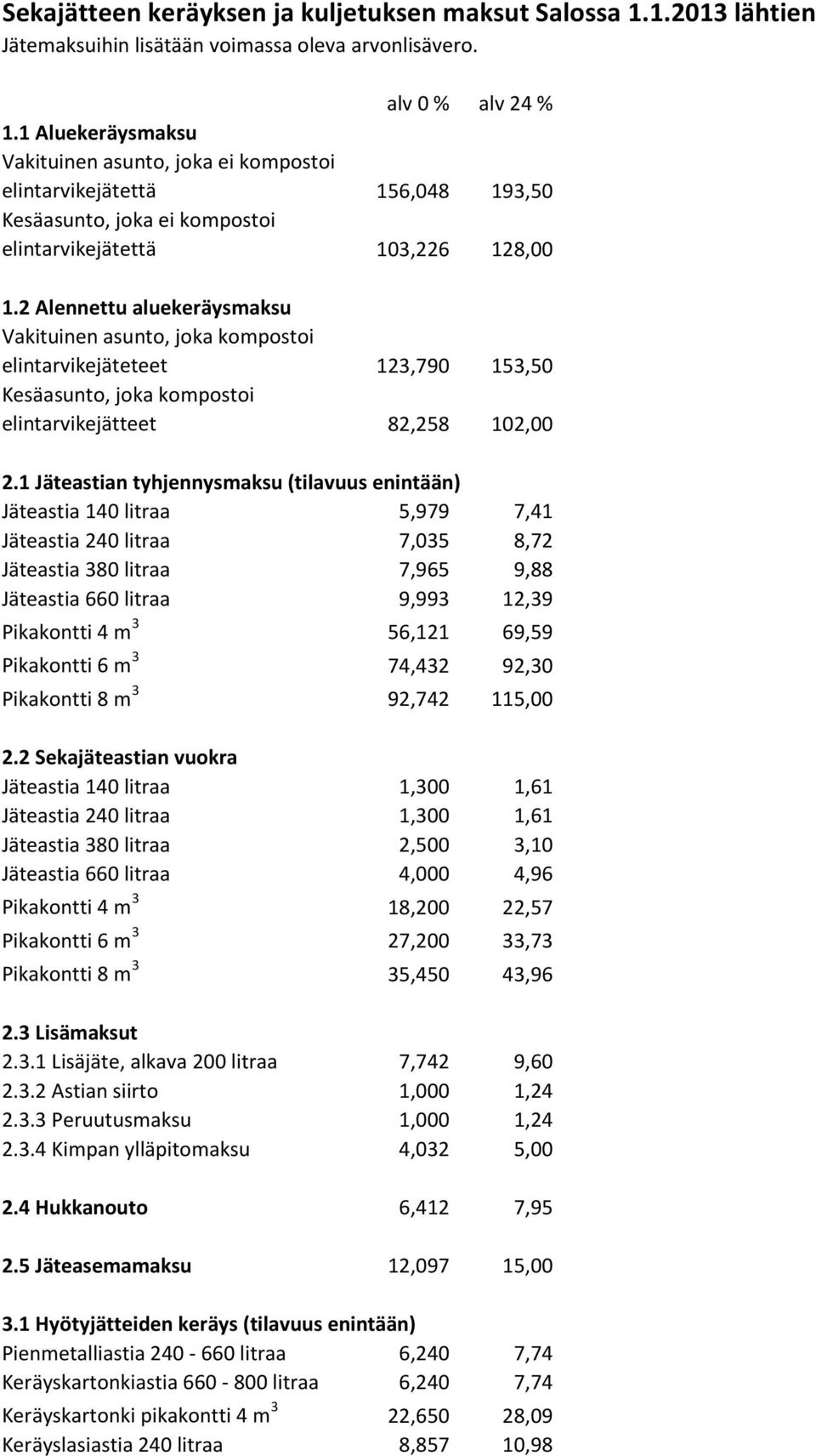 2 Alennettu aluekeräysmaksu Vakituinen asunto, joka kompostoi elintarvikejäteteet 123,790 153,50 Kesäasunto, joka kompostoi elintarvikejätteet 82,258 102,00 2.