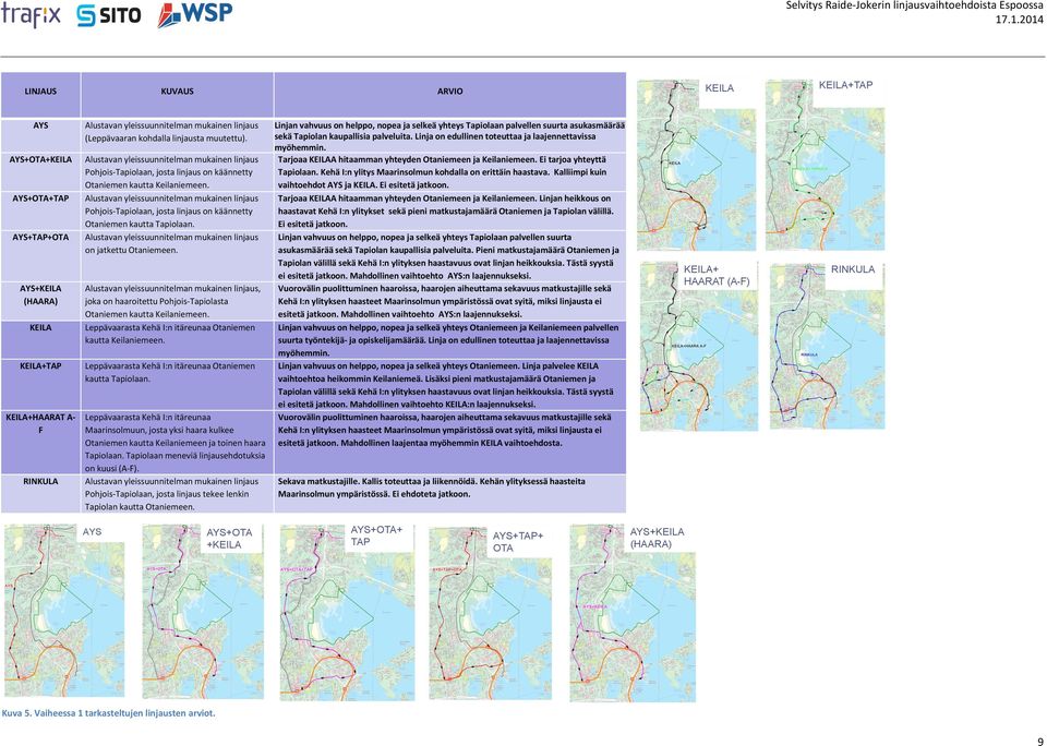 Alustavan yleissuunnitelman mukainen linjaus Pohjois-Tapiolaan, josta linjaus on käännetty Otaniemen kautta Tapiolaan. Alustavan yleissuunnitelman mukainen linjaus on jatkettu Otaniemeen.