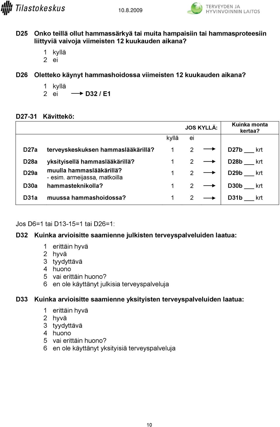 1 2 D28b krt D29a muulla hammaslääkärillä? - esim. armeijassa, matkoilla 1 2 D29b krt D30a hammasteknikolla? 1 2 D30b krt D31a muussa hammashoidossa?