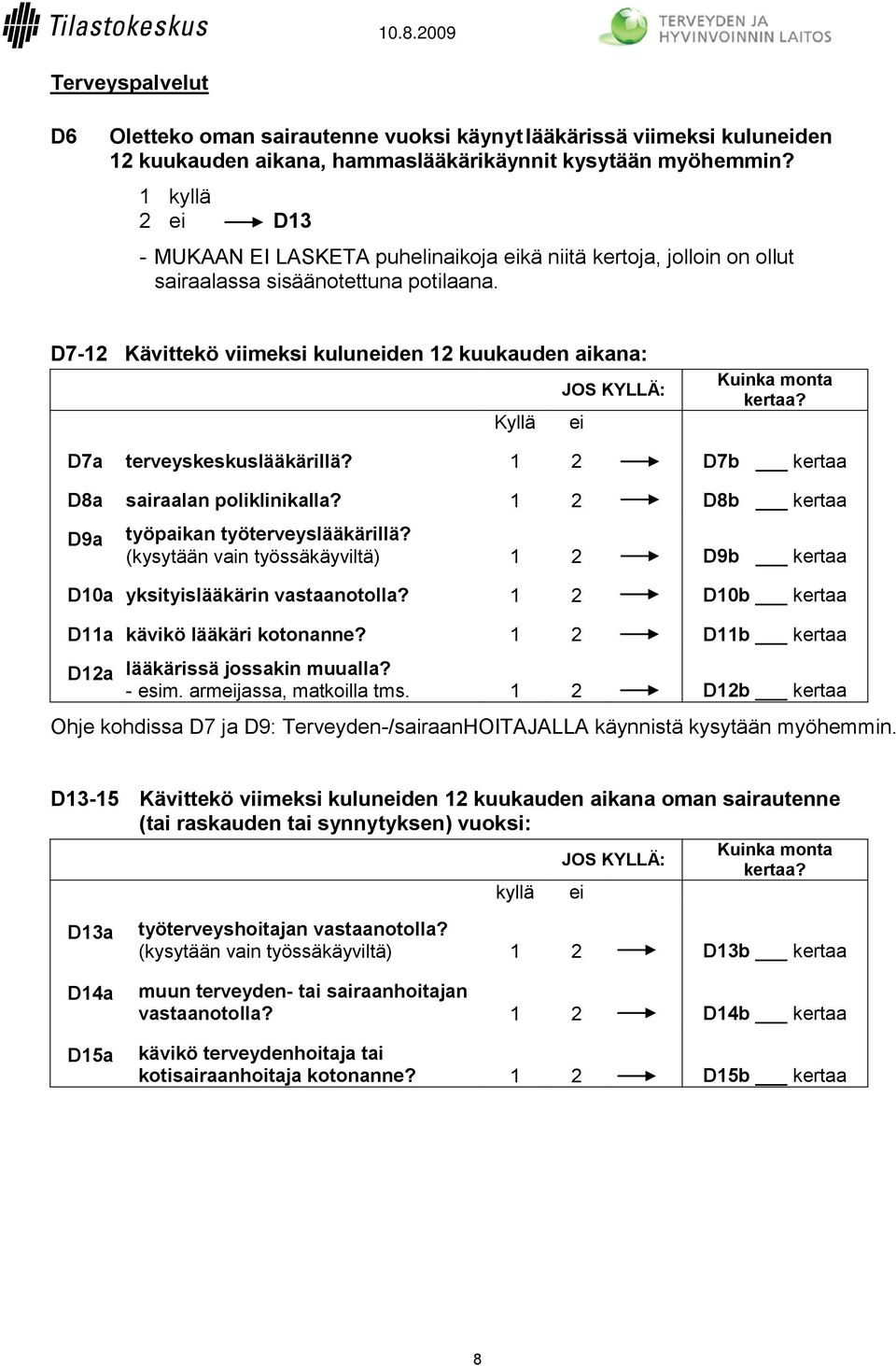 D7-12 Kävittekö viimeksi kuluneiden 12 kuukauden aikana: JOS KYLLÄ: Kyllä ei Kuinka monta kertaa? D7a terveyskeskuslääkärillä? 1 2 D7b kertaa D8a sairaalan poliklinikalla?