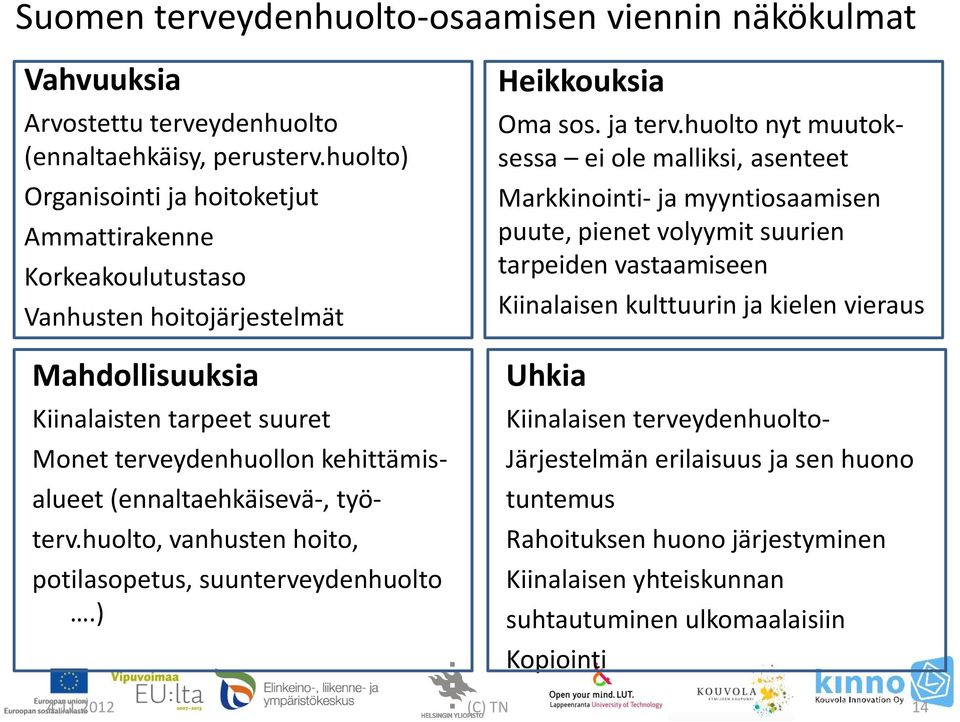 huolto nyt muutoksessa ei ole malliksi, asenteet Markkinointi- ja myyntiosaamisen puute, pienet volyymit suurien tarpeiden vastaamiseen Kiinalaisen kulttuurin ja kielen vieraus Mahdollisuuksia