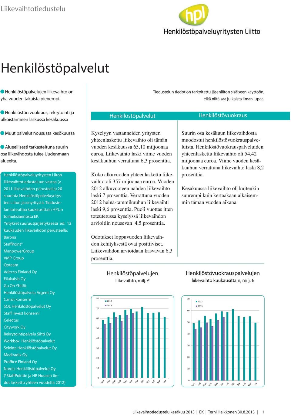 alueelta. Henkilöstöpalveluyritysten Liiton liikevaihtotiedusteluun vastaa (v. liikevaihdon perusteella) suurinta Henkilöstöpalveluyritysten Liiton jäsenyritystä.