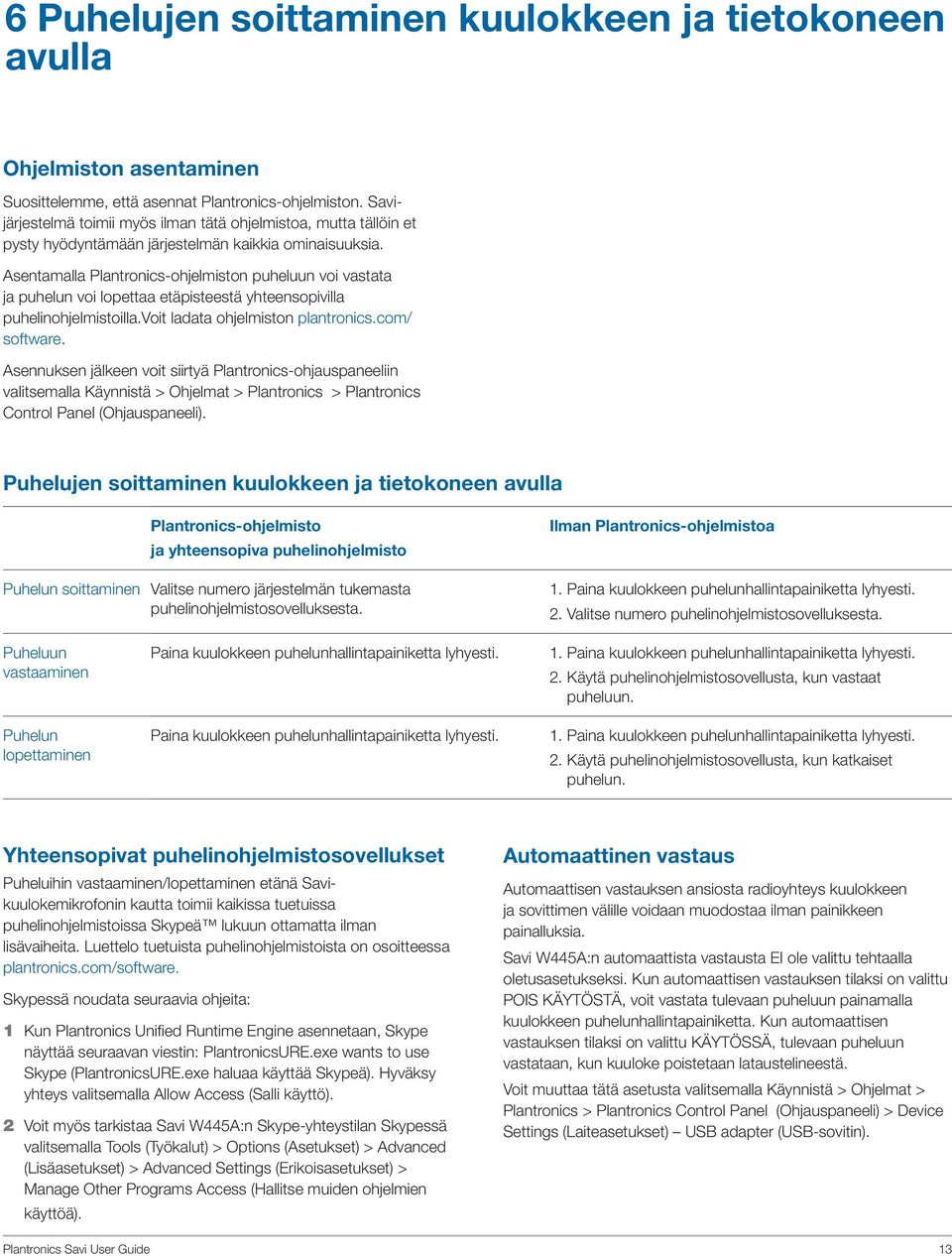 Asentamalla Plantronics-ohjelmiston puheluun voi vastata ja puhelun voi lopettaa etäpisteestä yhteensopivilla puhelinohjelmistoilla.voit ladata ohjelmiston plantronics.com/ software.