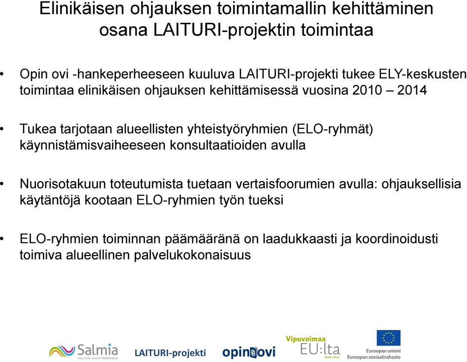 käynnistämisvaiheeseen konsultaatioiden avulla Nuorisotakuun toteutumista tuetaan vertaisfoorumien avulla: ohjauksellisia