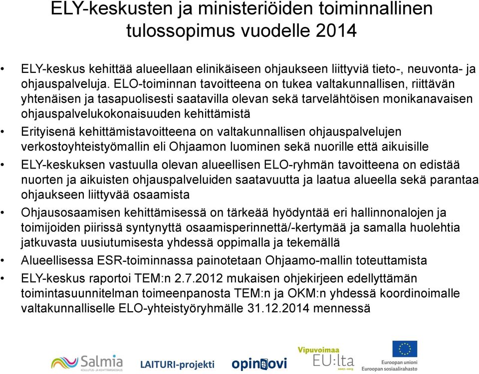 kehittämistavoitteena on valtakunnallisen ohjauspalvelujen verkostoyhteistyömallin eli Ohjaamon luominen sekä nuorille että aikuisille ELY-keskuksen vastuulla olevan alueellisen ELO-ryhmän