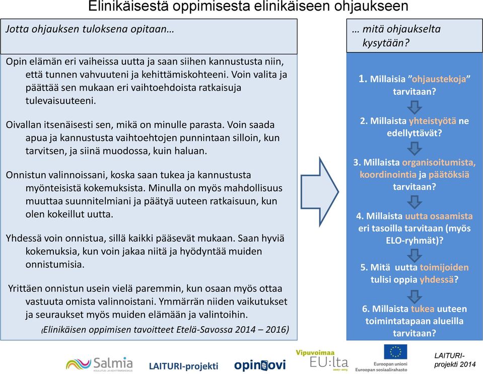 Voin saada apua ja kannustusta vaihtoehtojen punnintaan silloin, kun tarvitsen, ja siinä muodossa, kuin haluan. Onnistun valinnoissani, koska saan tukea ja kannustusta myönteisistä kokemuksista.