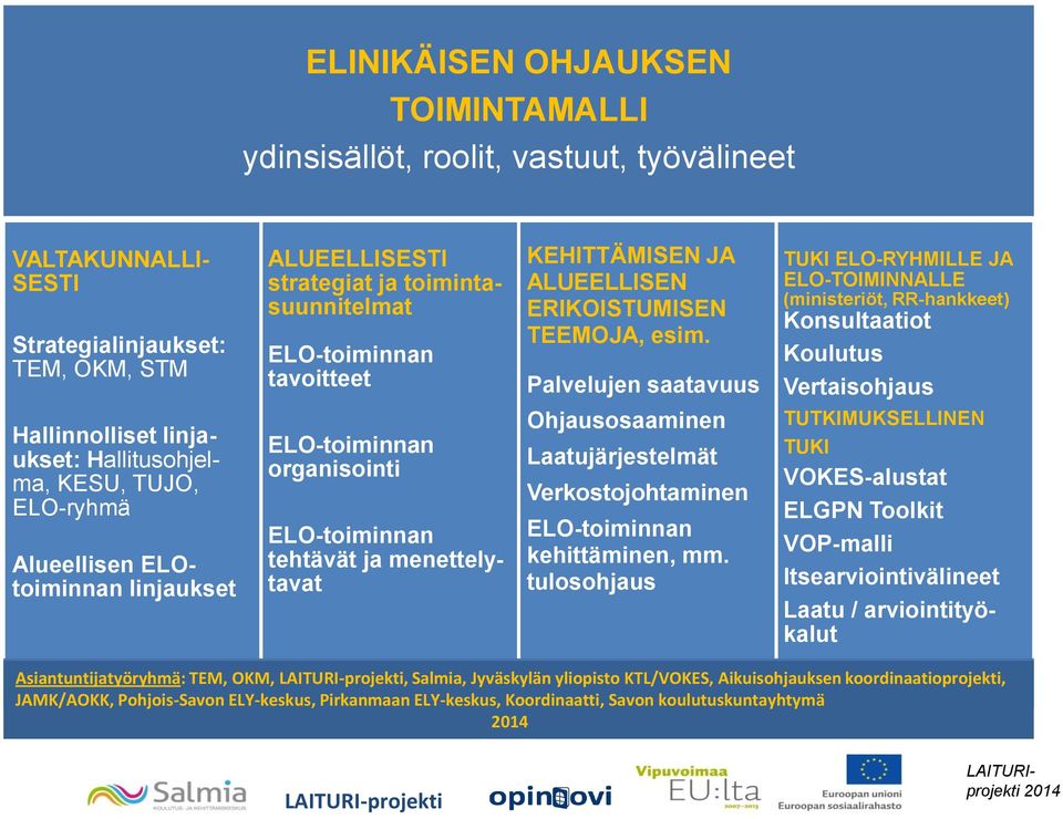 Palvelujen saatavuus TUKI ELO-RYHMILLE JA ELO-TOIMINNALLE (ministeriöt, RR-hankkeet) Konsultaatiot Koulutus Vertaisohjaus Hallinnolliset linjaukset: Hallitusohjelma, KESU, TUJO, ELO-ryhmä Alueellisen