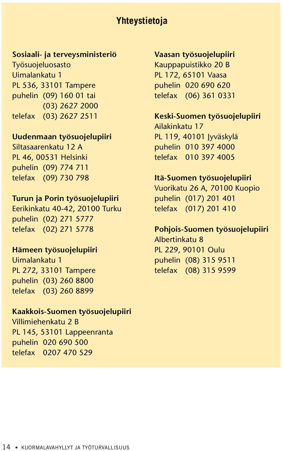työsuojelupiiri Uimalankatu 1 PL 272, 33101 Tampere puhelin (03) 260 8800 telefax (03) 260 8899 Vaasan työsuojelupiiri Kauppapuistikko 20 B PL 172, 65101 Vaasa puhelin 020 690 620 telefax (06) 361