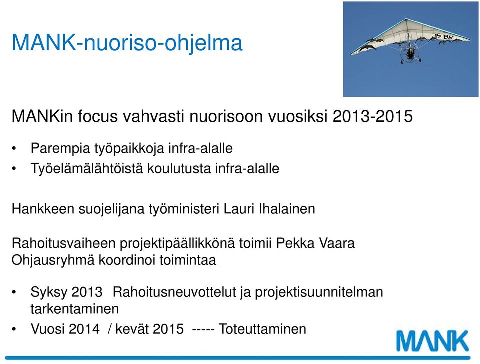 Ihalainen Rahoitusvaiheen projektipäällikkönä toimii Pekka Vaara Ohjausryhmä koordinoi toimintaa