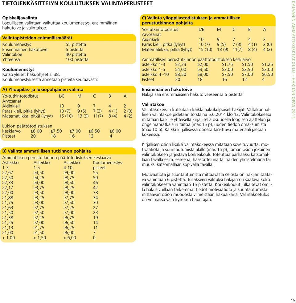 Koulumenestyksestä annetaan pisteitä seuraavasti: A) Ylioppilas- ja lukiopohjainen valinta Yo-tutkintotodistus L/E M C B A Arvosanat Äidinkieli 10 9 7 4 2 Paras kieli, pitkä (lyhyt) 10 (7) 9 (5) 7