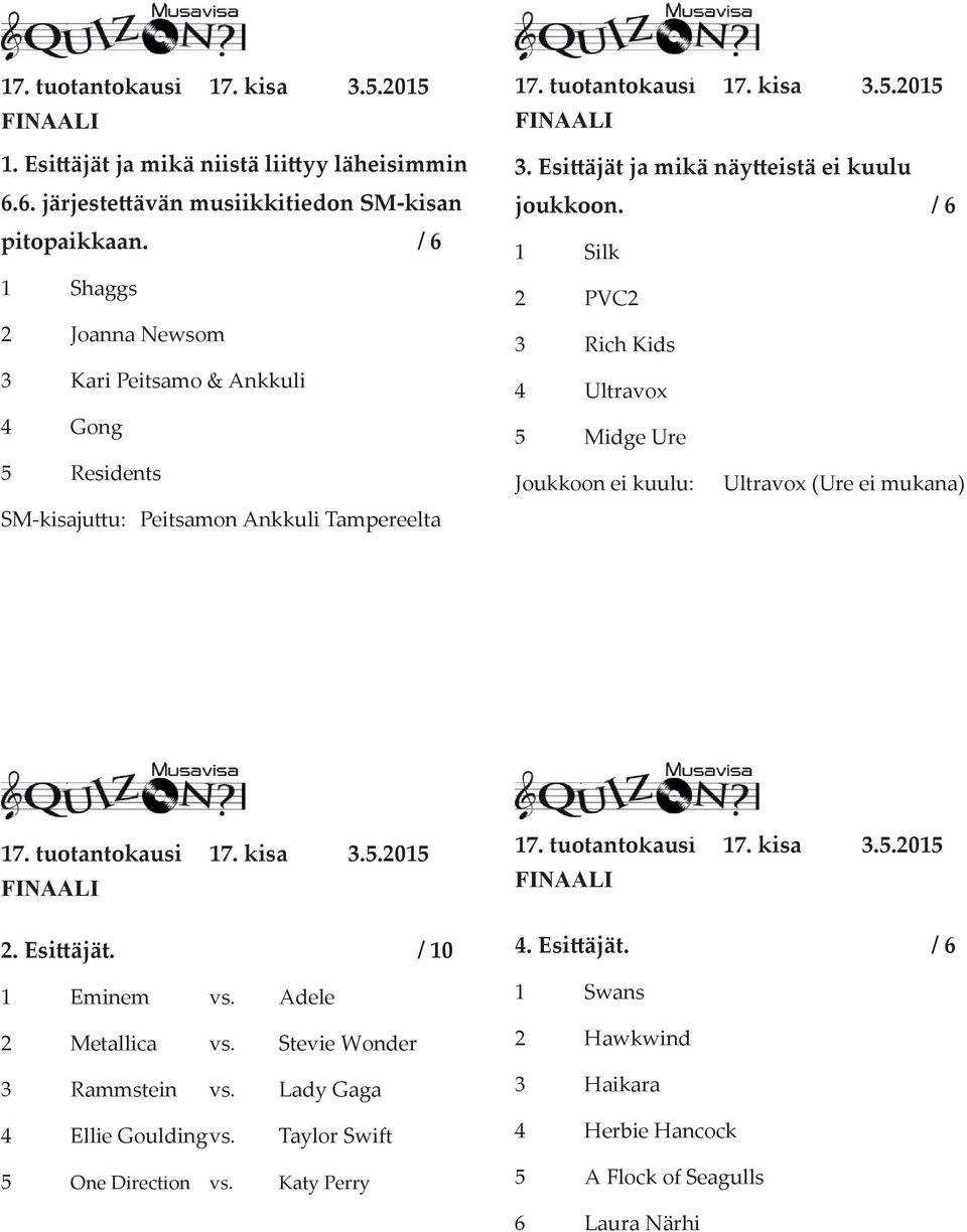 Esi äjät ja mikä näy eistä ei kuulu joukkoon. / 6 1 Silk 2 PVC2 3 Rich Kids 4 Ultravox 5 Midge Ure Joukkoon ei kuulu: Ultravox (Ure ei mukana) 2. Esi äjät.