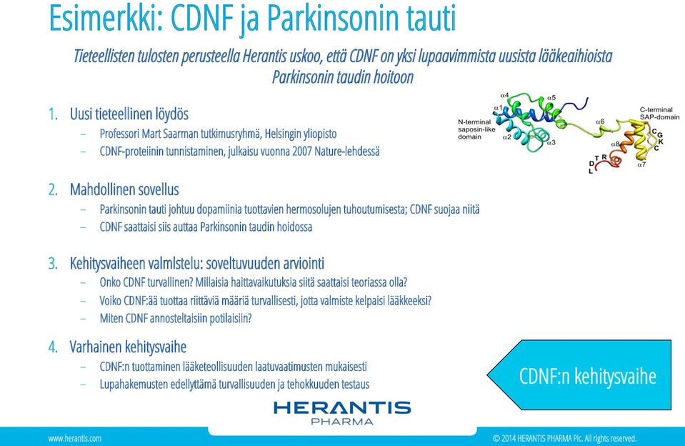 Mahdollinen sovellus Parkinsonin tauti johtuu dopamiinia tuottavien hermosolujen tuhoutumisesta; CDNF suojaa niitä CDNF saattaisi siis auttaa Parkinsonin taudin hoidossa 3.