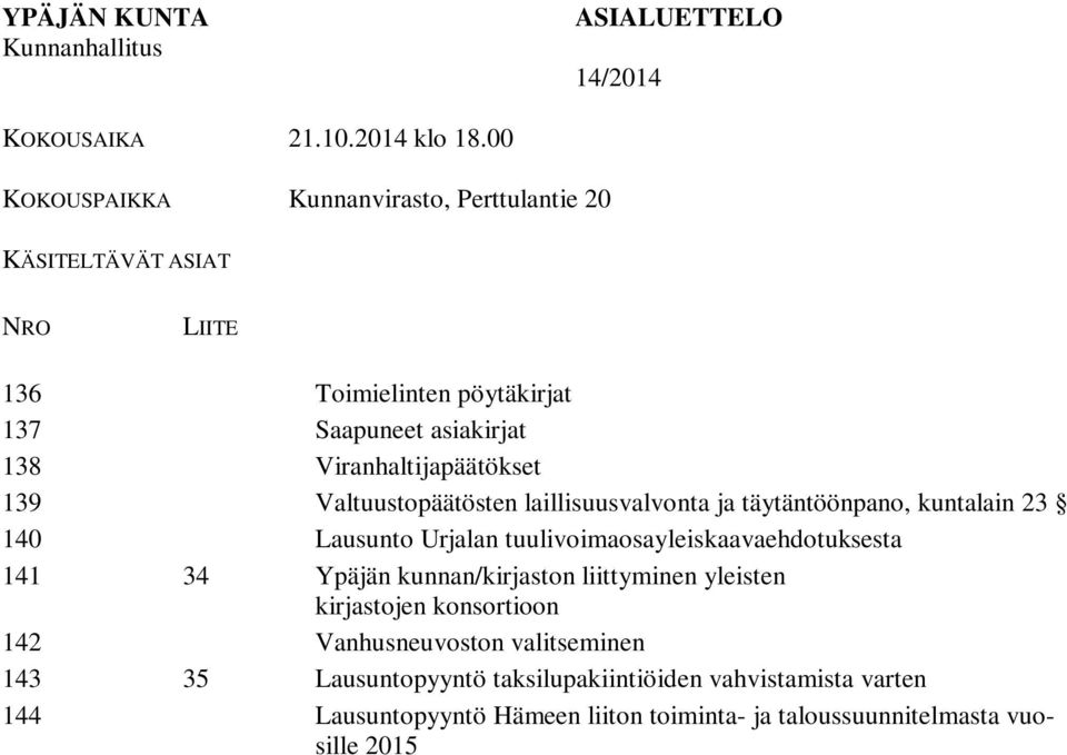 ja täytäntöönpano, kuntalain 23 140 Lausunto Urjalan tuulivoimaosayleiskaavaehdotuksesta 141 34 Ypäjän kunnan/kirjaston liittyminen yleisten kirjastojen konsortioon 142 Vanhusneuvoston valitseminen