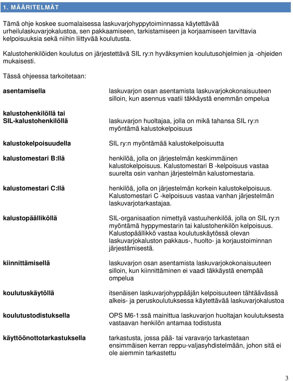 Tässä ohjeessa tarkoitetaan: asentamisella kalustohenkilöllä tai SIL-kalustohenkilöllä kalustokelpoisuudella kalustomestari B:llä kalustomestari C:llä kalustopäälliköllä kiinnittämisellä