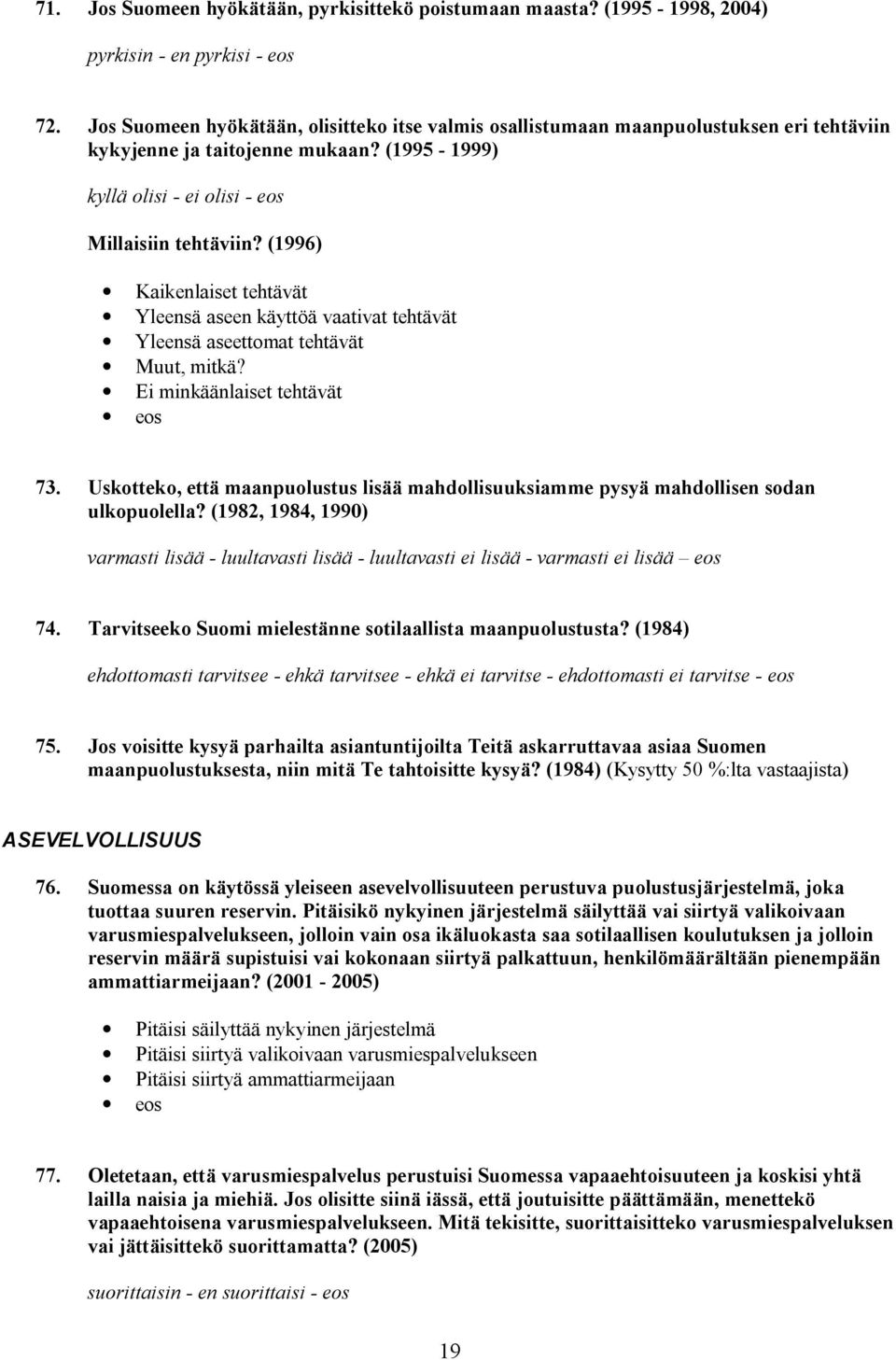 (1996) Kaikenlaiset tehtävät Yleensä aseen käyttöä vaativat tehtävät Yleensä aseettomat tehtävät Muut, mitkä? Ei minkäänlaiset tehtävät 73.