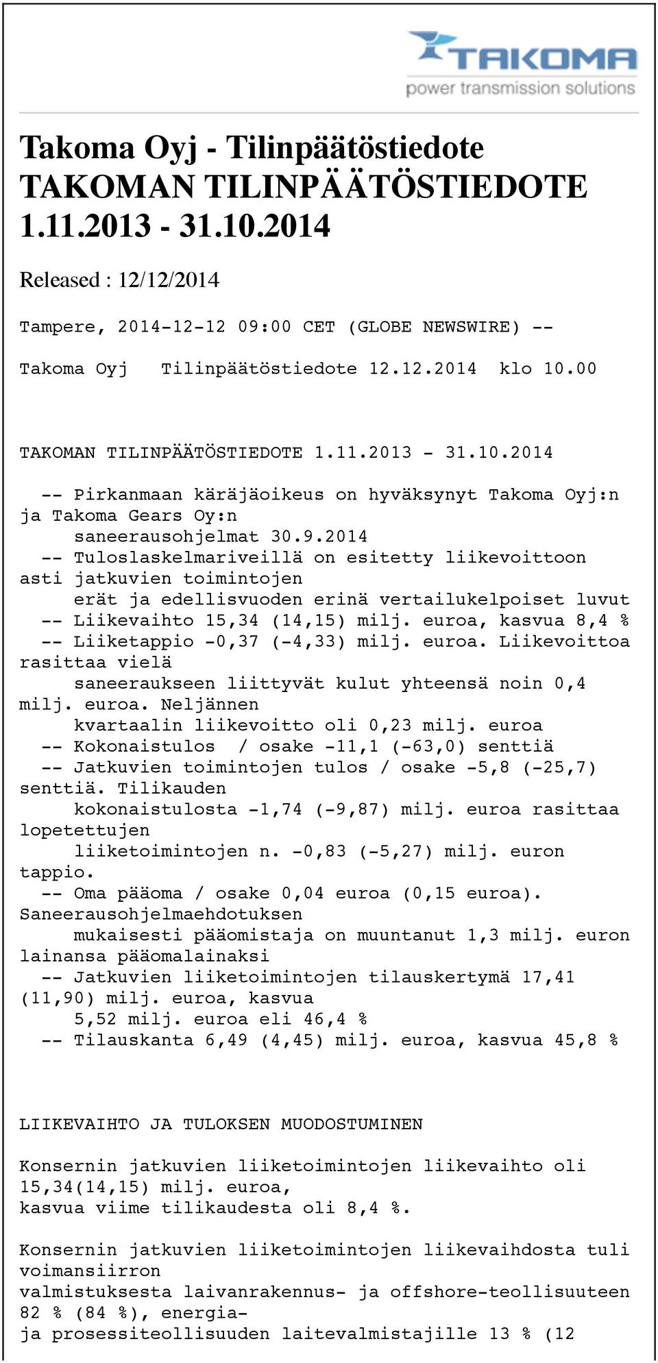 2014 -- Tuloslaskelmariveillä on esitetty liikevoittoon asti jatkuvien toimintojen erät ja edellisvuoden erinä vertailukelpoiset luvut -- Liikevaihto 15,34 (14,15) milj.