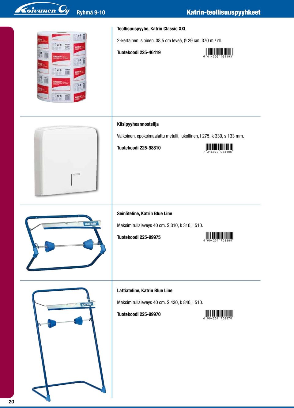 Tuotekoodi 225-46419 Käsipyyheannostelija Valkoinen, epoksimaalattu metalli, lukollinen, l 275, k 330, s 133 mm.