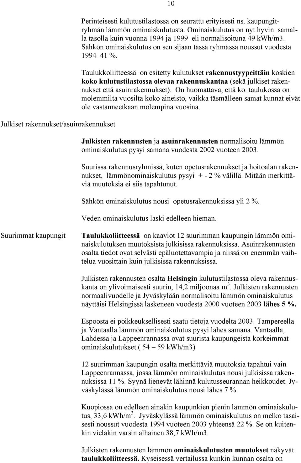 Taulukkoliitteessä on esitetty kulutukset rakennustyypeittäin koskien koko kulutustilastossa olevaa rakennuskantaa (sekä julkiset rakennukset että asuinrakennukset). On huomattava, että ko.