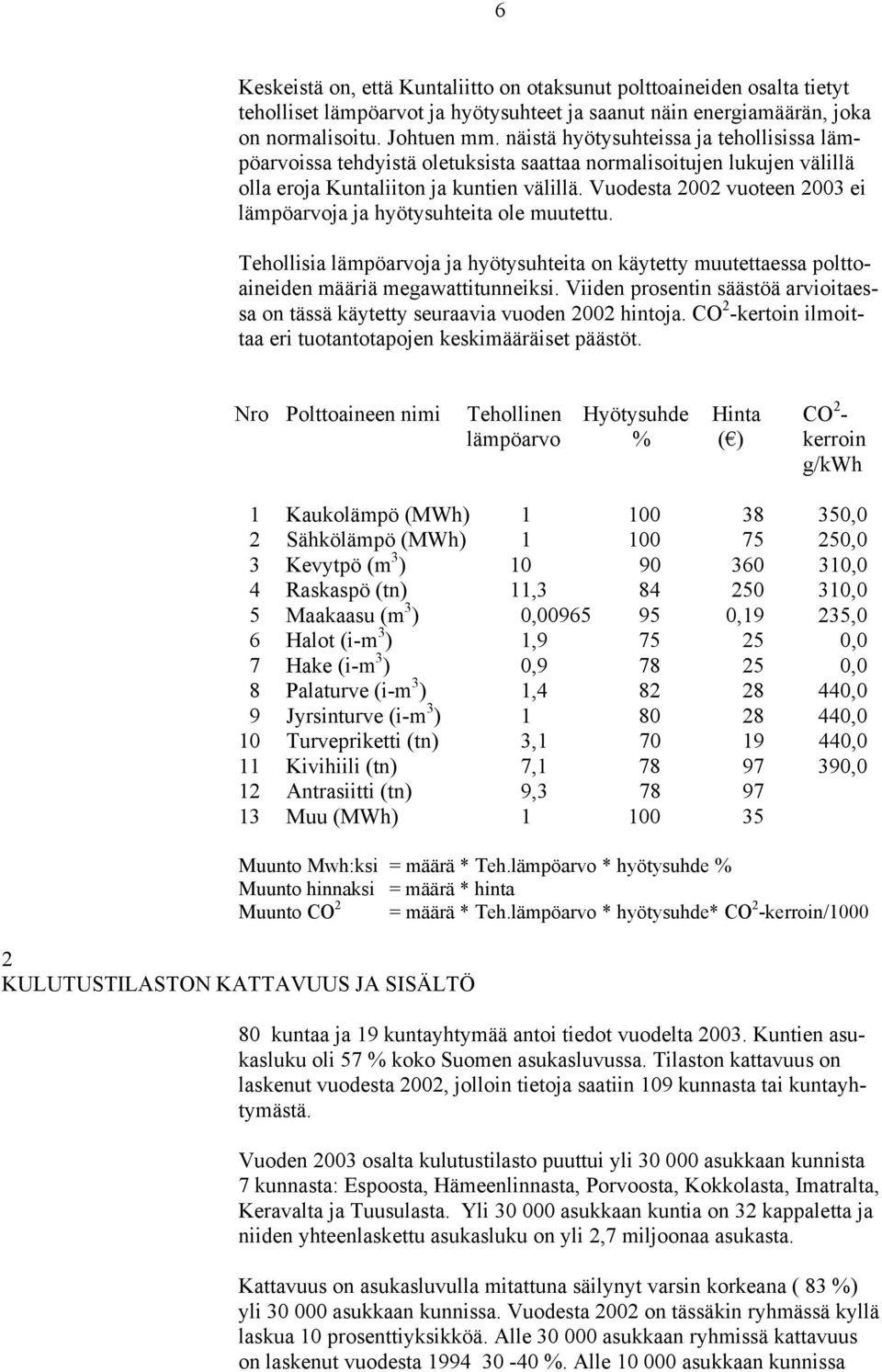 Vuodesta 2002 vuoteen 2003 ei lämpöarvoja ja hyötysuhteita ole muutettu. Tehollisia lämpöarvoja ja hyötysuhteita on käytetty muutettaessa polttoaineiden määriä megawattitunneiksi.