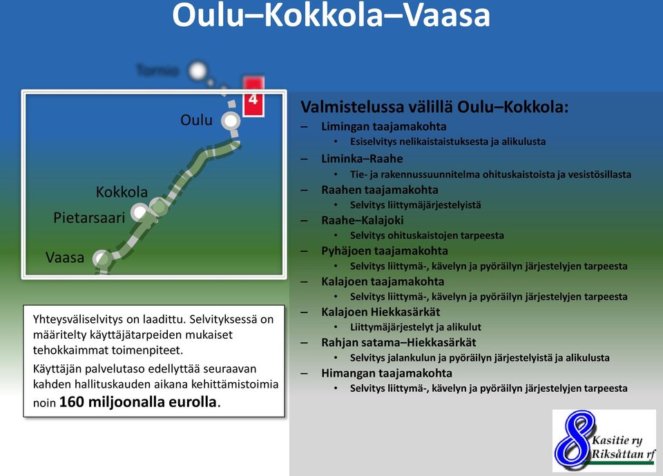 Valmistelussa välillä Oulu Kokkola: Limingan taajamakohta Esiselvitys nelikaistaistuksesta ja alikulusta Liminka Raahe Tie- ja rakennussuunnitelma ohituskaistoista ja vesistösillasta Raahen