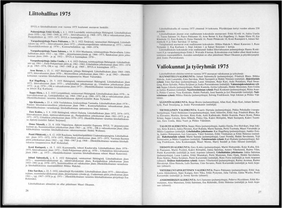 ' Varap~heenjohtaJa Paavo Pekka.~en, s. 29. 1. 192~ Ähtärissä, varatuomari Helsingistä. Liittohallit.uk sen vpj.. 1975-, liittovaltuuston Jasen 1972-, yhteiskuntapoliittisen valiokunnan pj.
