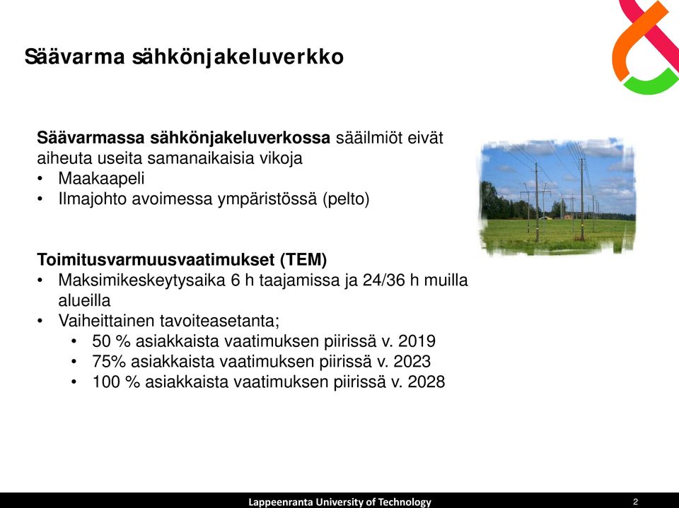 Maksimikeskeytysaika 6 h taajamissa ja 24/36 h muilla alueilla Vaiheittainen tavoiteasetanta; 50 %