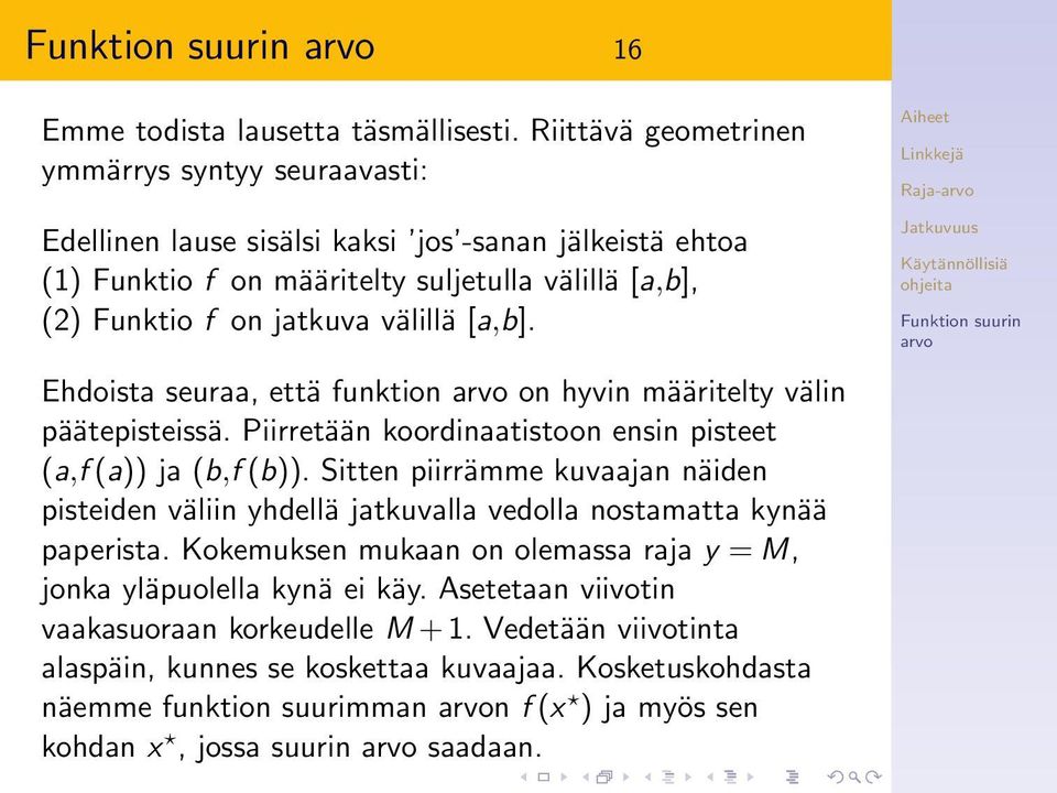 välillä [a,b]. Ehdoista seuraa, että funktion on hyvin määritelty välin päätepisteissä. Piirretään koordinaatistoon ensin pisteet (a,f (a)) ja (b,f (b)).